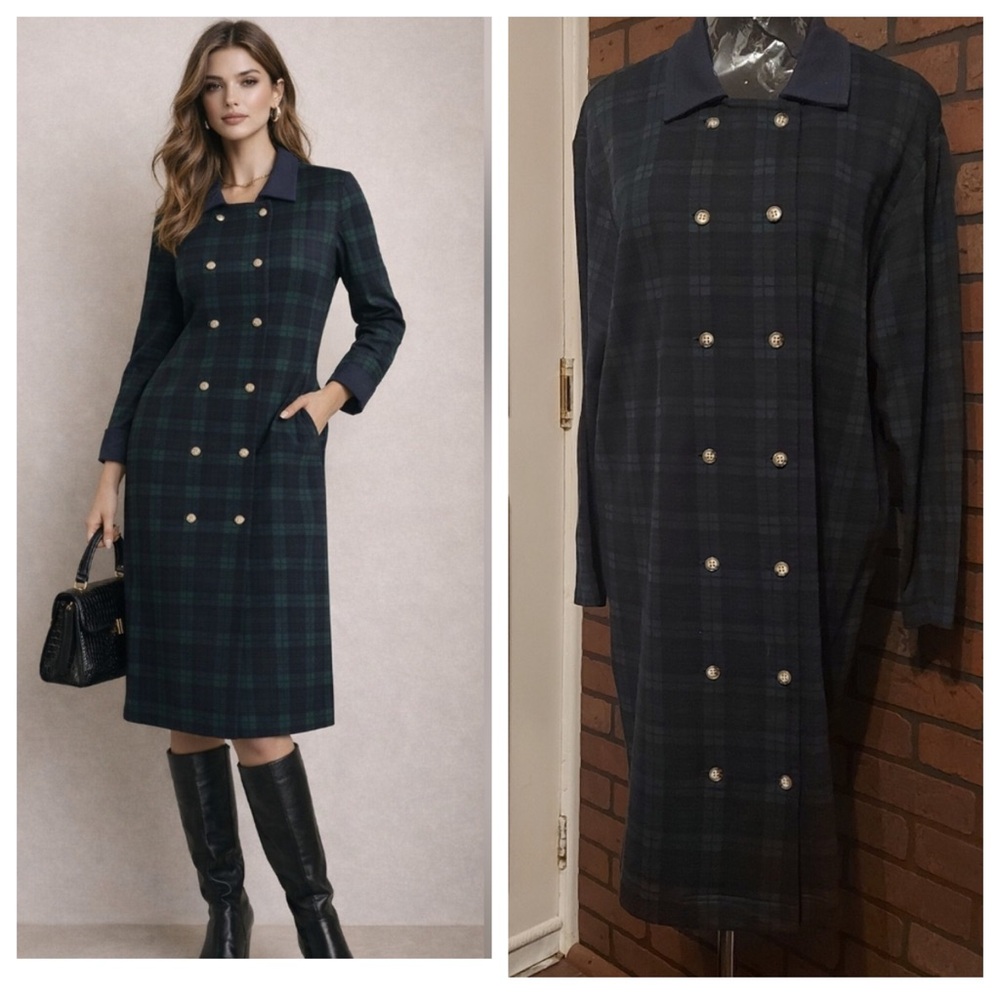 Talbots Blue Green Plaid Cotton Midi Dress Size L Classic Preppy Heritage